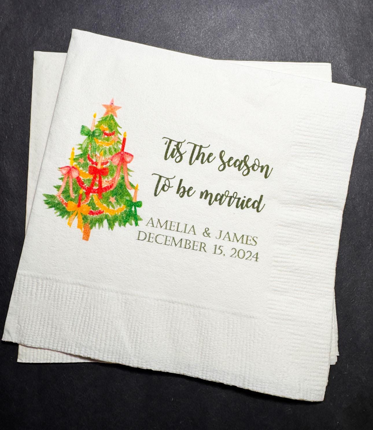 Tis the Season to be Married Christmas Engagement Wedding Bow Christmas Shower Personalized Cocktail, Luncheon or Dinner Napkins Set of 25