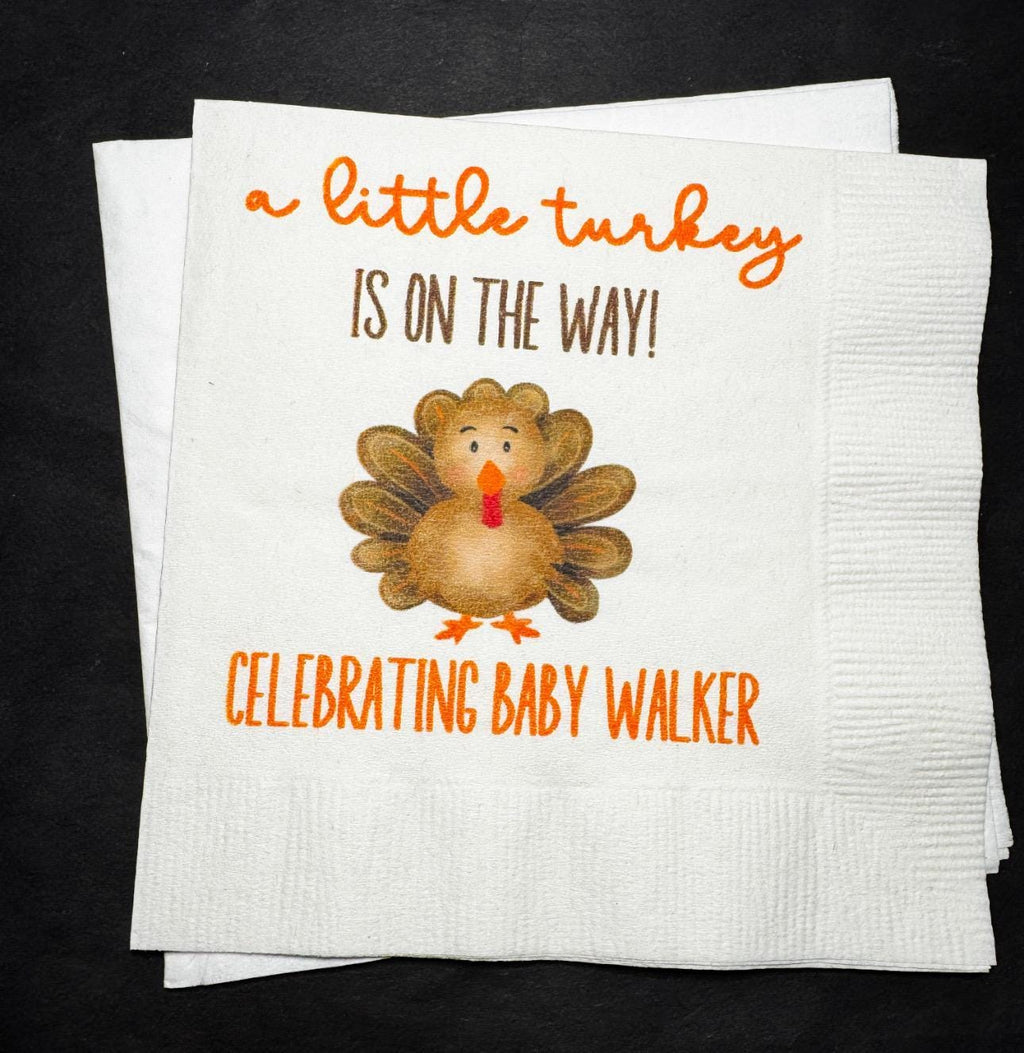A Little Turkey is on the Way Thanksgiving Baby Shower Fall Turkey Baby Shower Personalized Cocktail, Luncheon or Dinner Napkins Set of 25