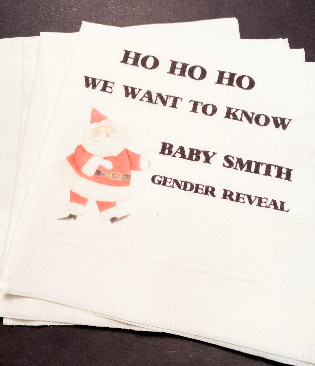 Christmas Gender Reveal Ho Ho Ho We Want To Know He or She Santa Winter December Baby Reveal Personalized Cocktail Napkins, Set of 25
