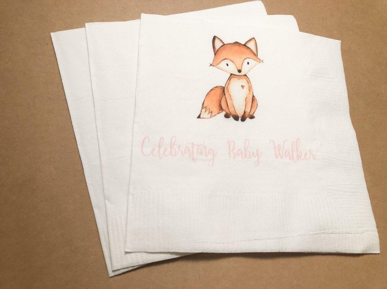 Woodland Fox Girl Personalized Fox Animal Pink Fall Baby Shower Cocktail, Luncheon or Dinner Napkins Set of 25