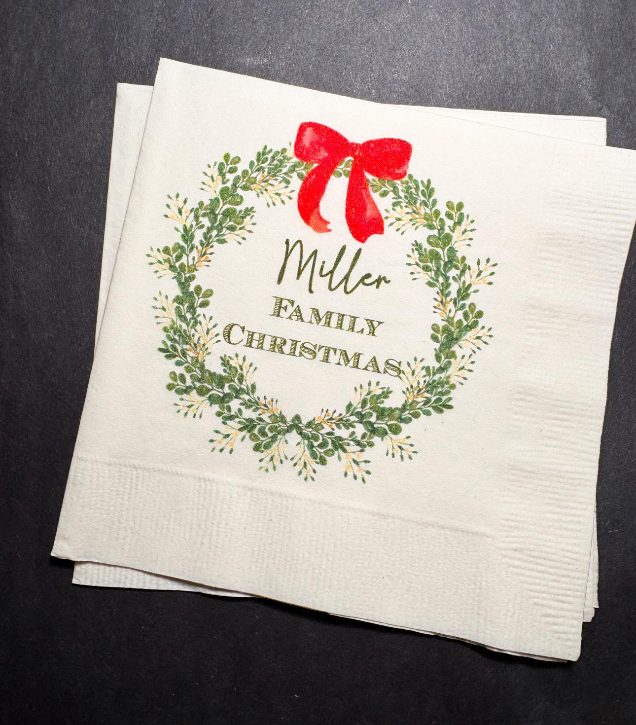 Christmas Red Bow Family Christmas Party Gathering Holiday Party Christmas Eve Personalized Cocktail, Luncheon or Dinner Napkins Set of 25
