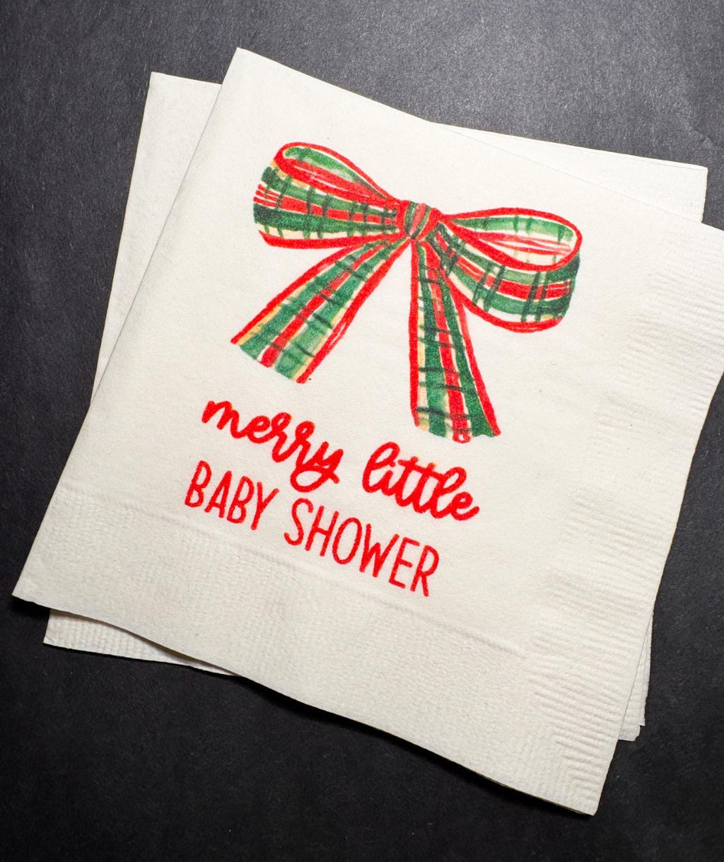 Merry Little Baby Shower Bow Theme Winter Christmas December Baby Shower Winter Holiday Baby Cocktail, Luncheon or Dinner Napkins Set of 25