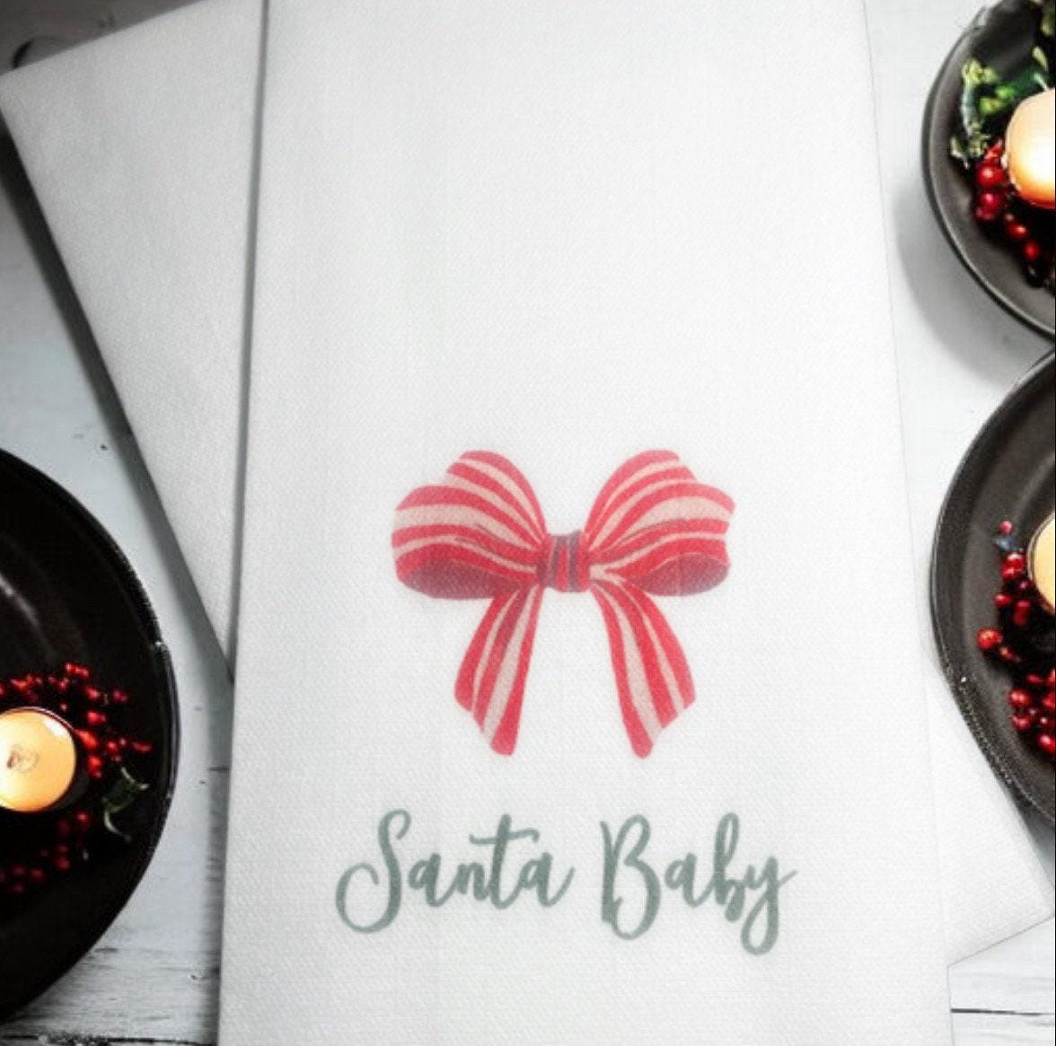 Christmas Guest Towels Linen Feel Ultra Ply White Disposable Towel Dinner Napkin Santa Baby Holiday Christmas Paper Hand Towels, Set of 20