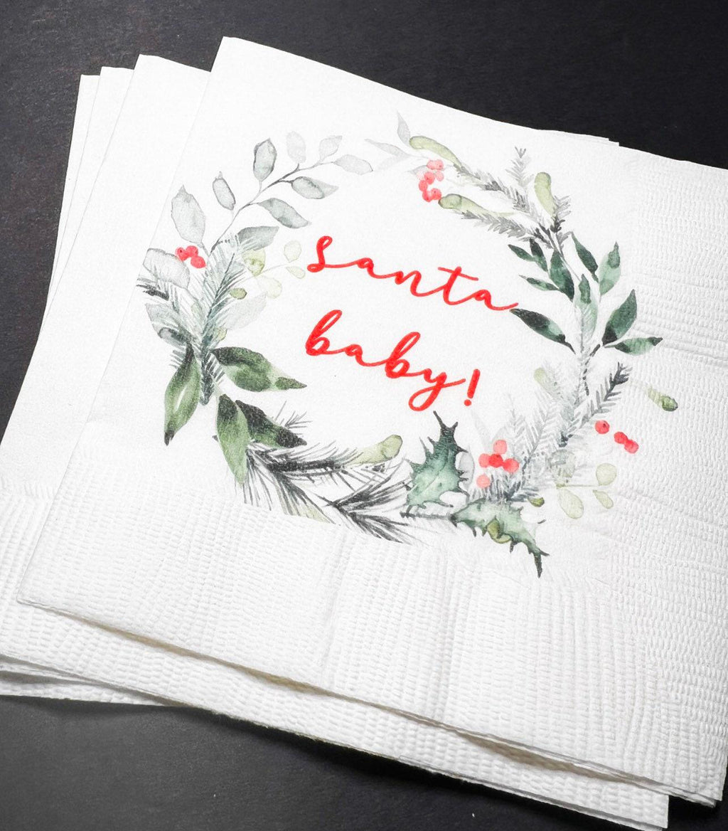 Santa Baby Christmas Baby Shower Santa Baby Gender Reveal Christmas Reveal December Gender Reveal Cocktail or Luncheon Napkins, Set of 25