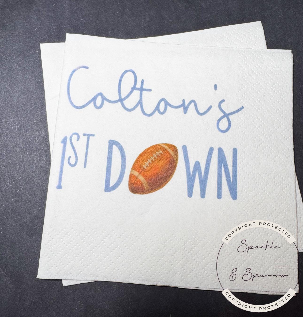 Football First Birthday Football One 1st Year Down Football First 1st Bday Party Personalized Cocktail, Luncheon or Dinner Napkins Set of 25