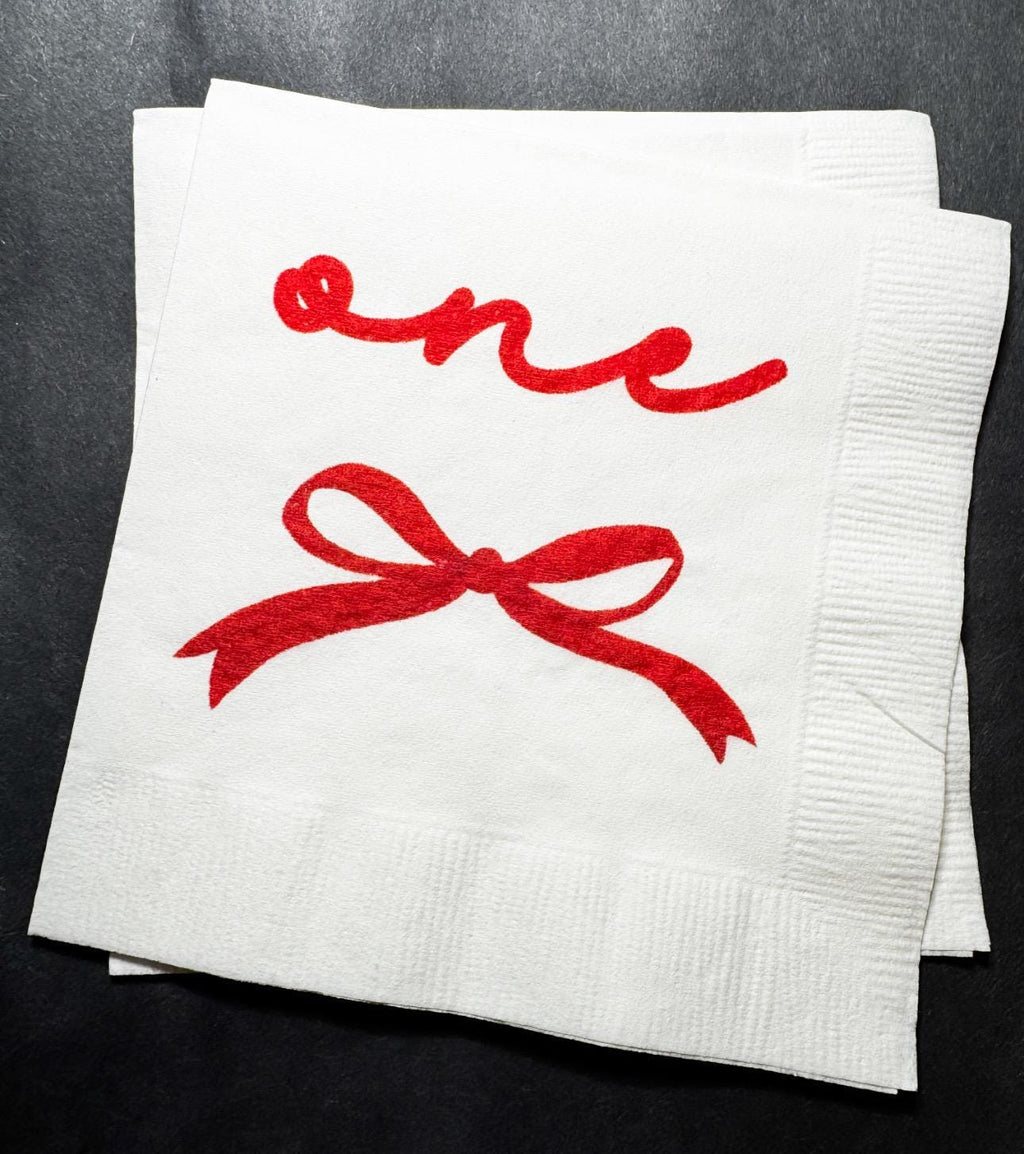 Red Bow 1st Birthday Christmas Pink Red December One Birthday Happy Birthday Christmas Cocktail, Luncheon or Dinner Napkins Set of 25
