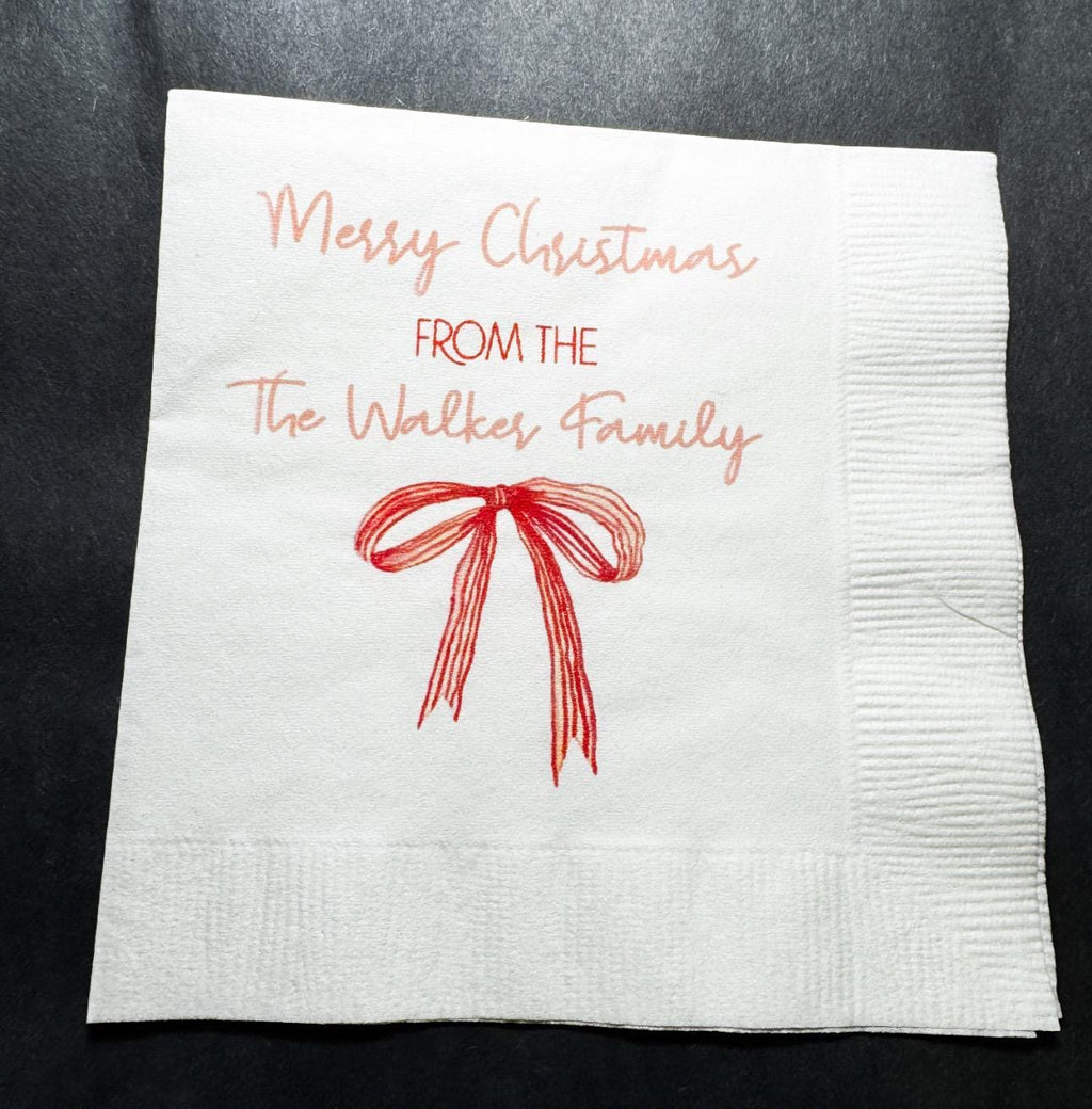 Christmas Red Bow Family Christmas Party Gathering Holiday Party Christmas Eve Personalized Cocktail, Luncheon or Dinner Napkins Set of 25