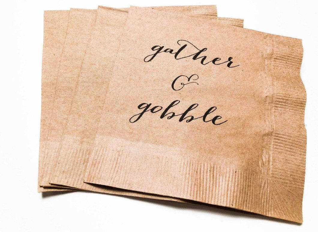 Thanksgiving Friendsgiving Gather & Gobble Kraft Cocktail or Dinner Napkins, Set of 25