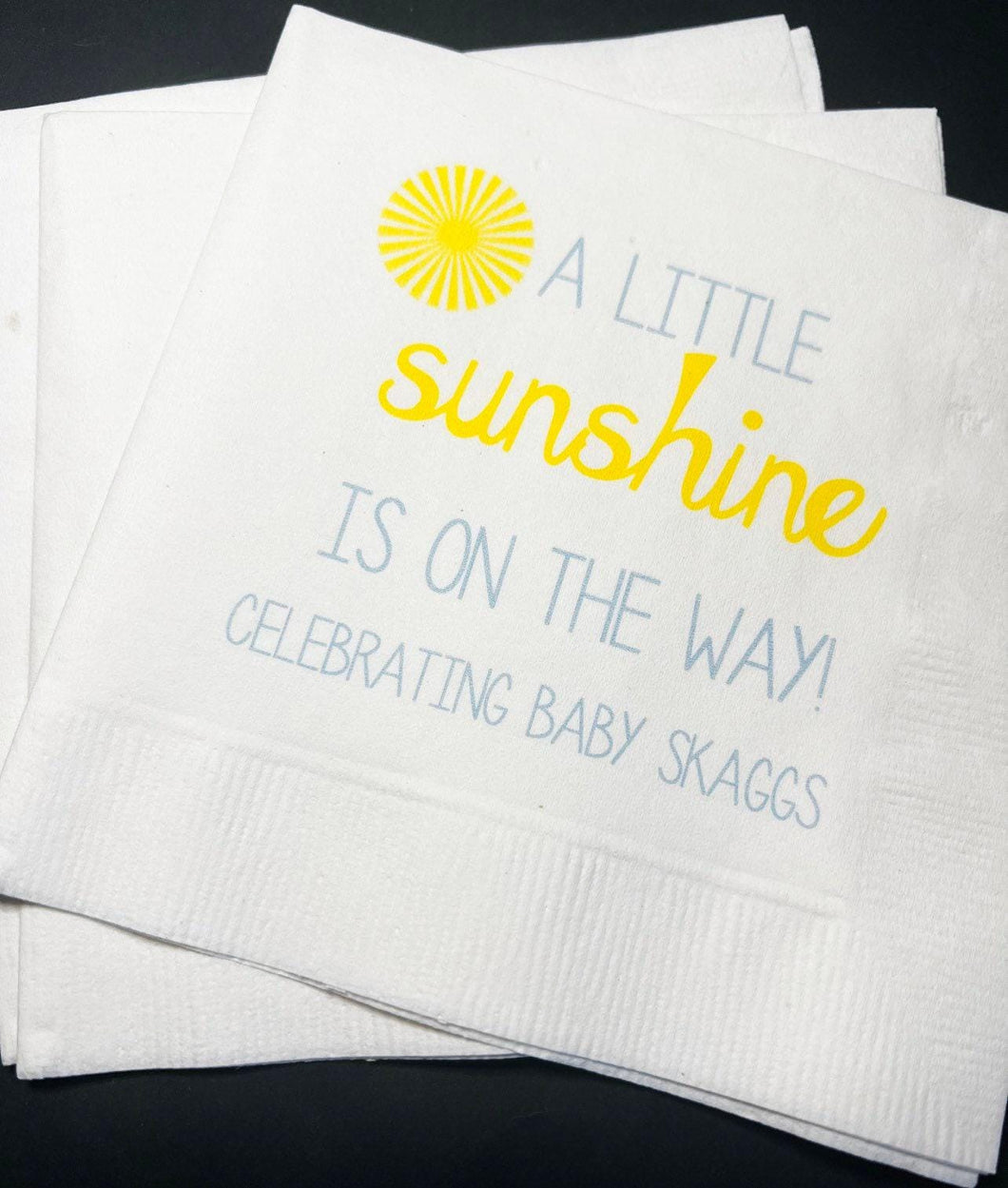 A Little Sunshine is on its Way Blue Yellow Baby Shower Personalized Cocktail, Luncheon or Dinner Napkins Set of 25