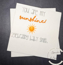 Load image into Gallery viewer, A Little Sunshine is on its Way Sunshine Baby Shower Personalized Cocktail, Luncheon or Dinner Napkins Set of 25

