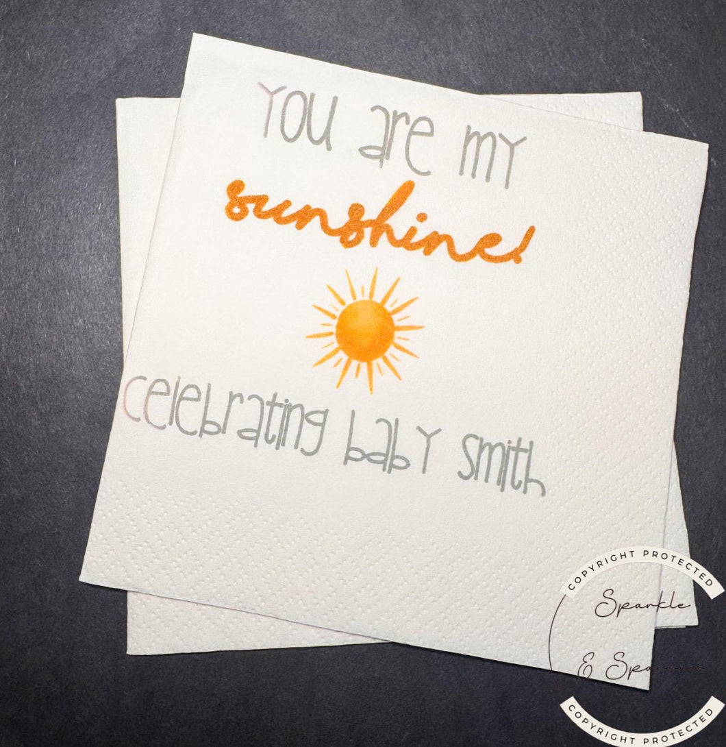 A Little Sunshine is on its Way Sunshine Baby Shower Personalized Cocktail, Luncheon or Dinner Napkins Set of 25