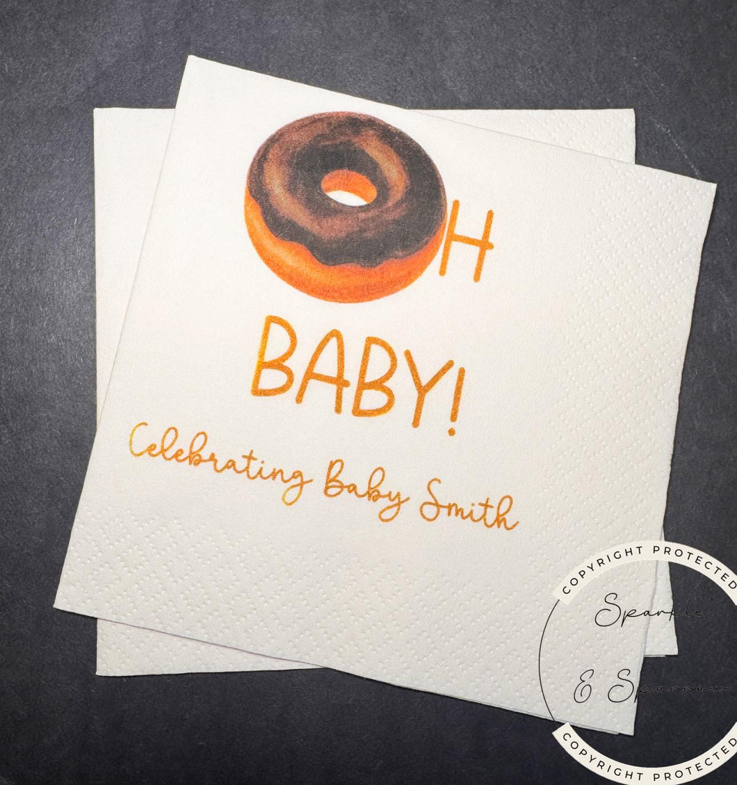 Donut Baby Shower Oh Baby Donut Baby Shower Brunch Donuts and Diapers Personalized Cocktail, Luncheon or Dinner Napkins Set of 25