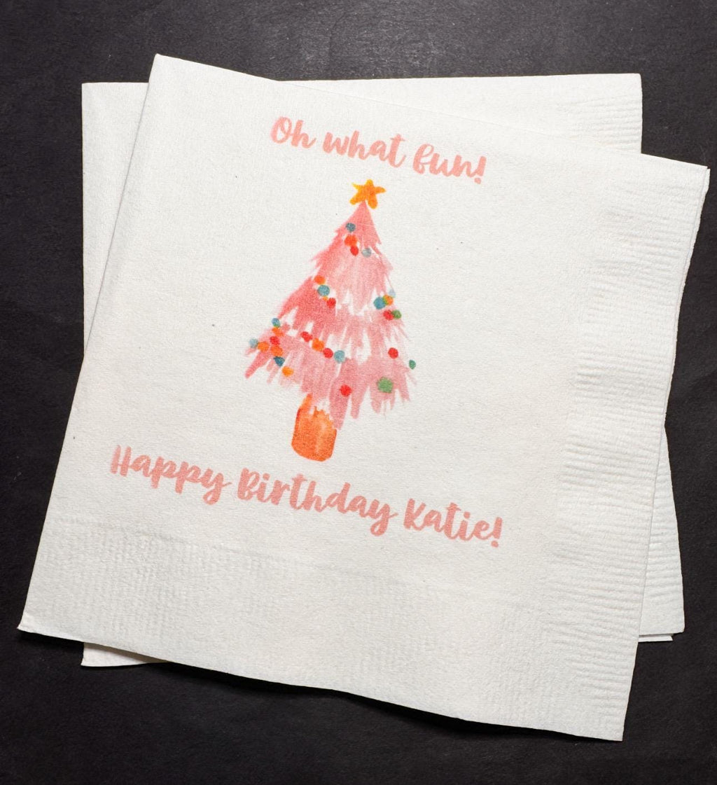 Oh What Fun First Birthday Party Winter Christmas  December Pink Christmas Tree Personalized Cocktail, Luncheon or Dinner Napkins Set of 25