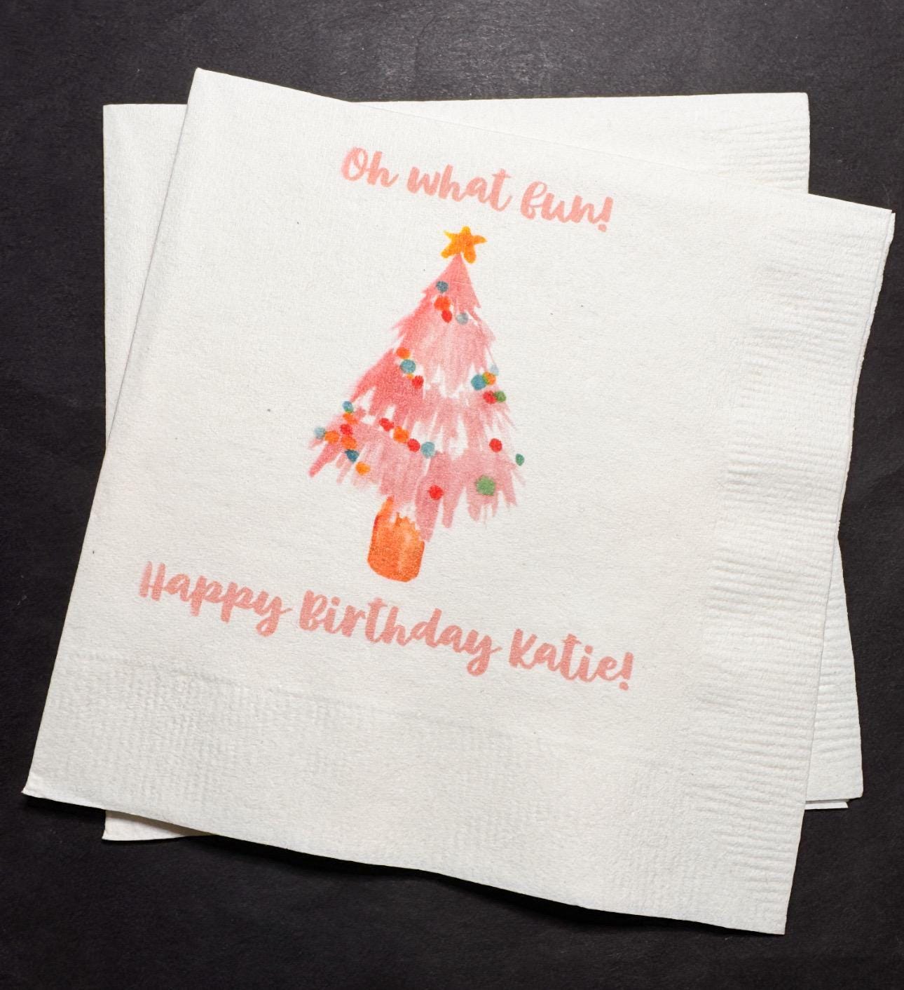 Oh What Fun First Birthday Party Winter Christmas  December Pink Christmas Tree Personalized Cocktail, Luncheon or Dinner Napkins Set of 25