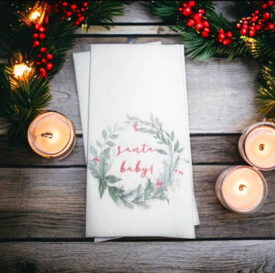 Christmas Guest Towels Linen Feel Ultra Ply White Disposable Towel Dinner Napkin Santa Baby Holiday Christmas Paper Hand Towels, Set of 20