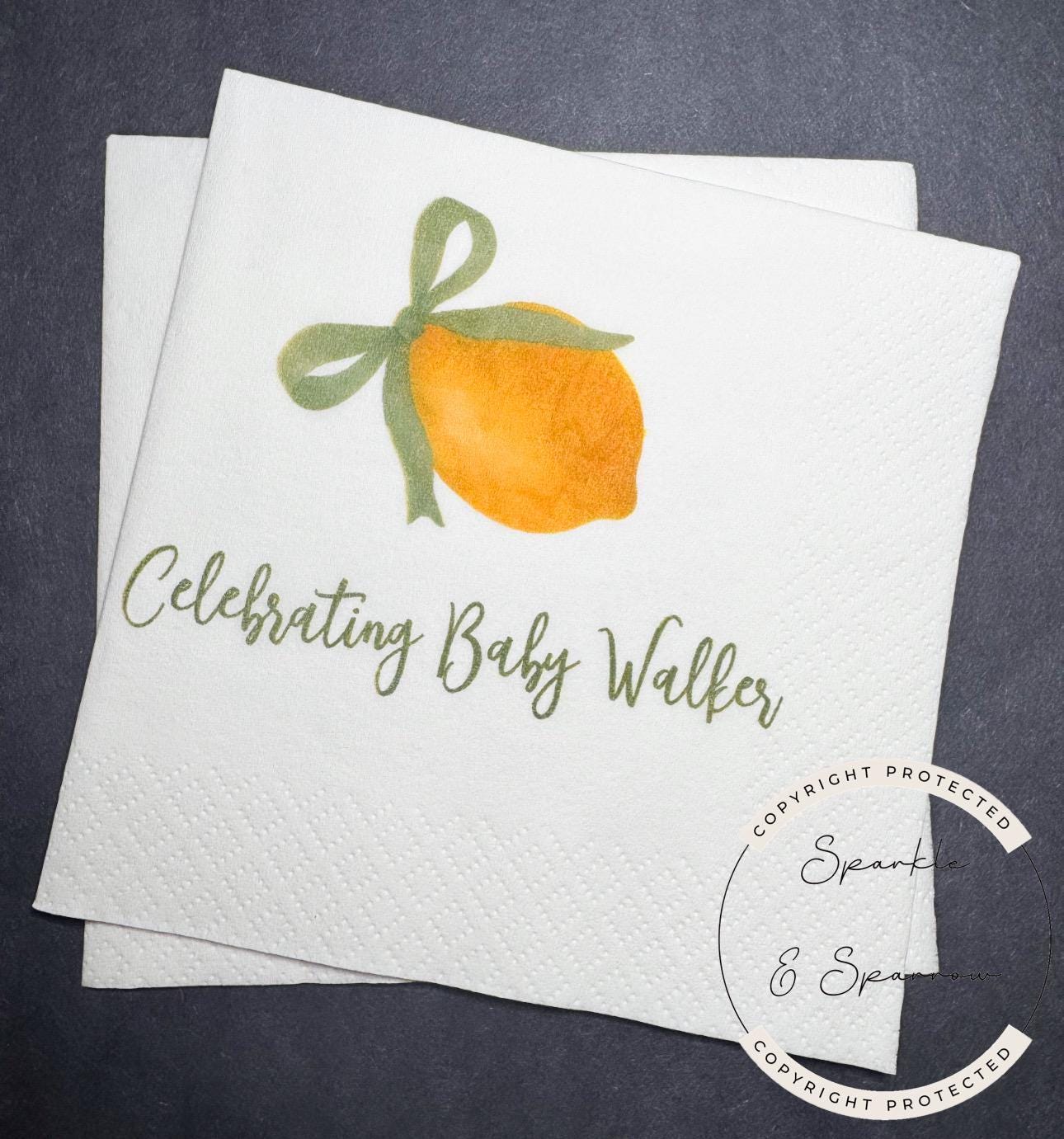 Ciao Baby Lemon Oh Baby Sage Green Bow Italian Baby Shower Lemon Baby Shower Personalized Cocktail, Luncheon or Dinner Napkins Set of 25