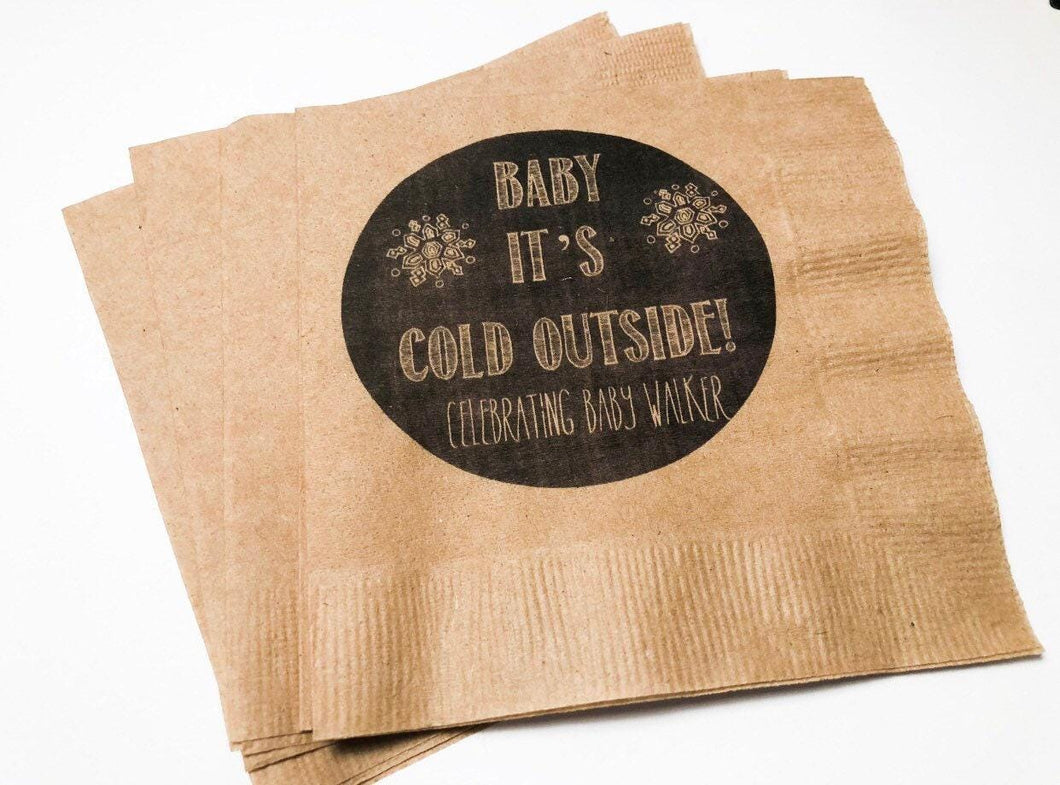 Baby It's Cold Outside Winter Christmas Baby Shower Kraft Personalized Cocktail or Luncheon Napkins, Set of 25