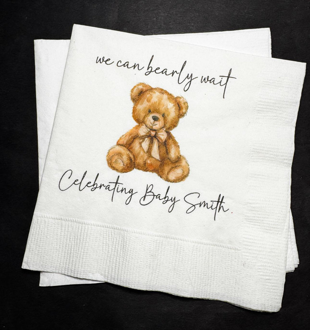 Teddy Bear Baby Shower We can Bearly Wait Brown Bow Shower Fall Baby Shower Personalized Cocktail, Luncheon or Dinner Napkins Set of 25