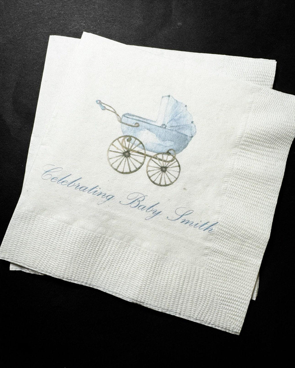 Baby Carriage Boy Baby Shower Watercolor Crest Monogram Blue Bow Baby Shower Personalized Cocktail, Luncheon or Dinner Napkins Set of 25