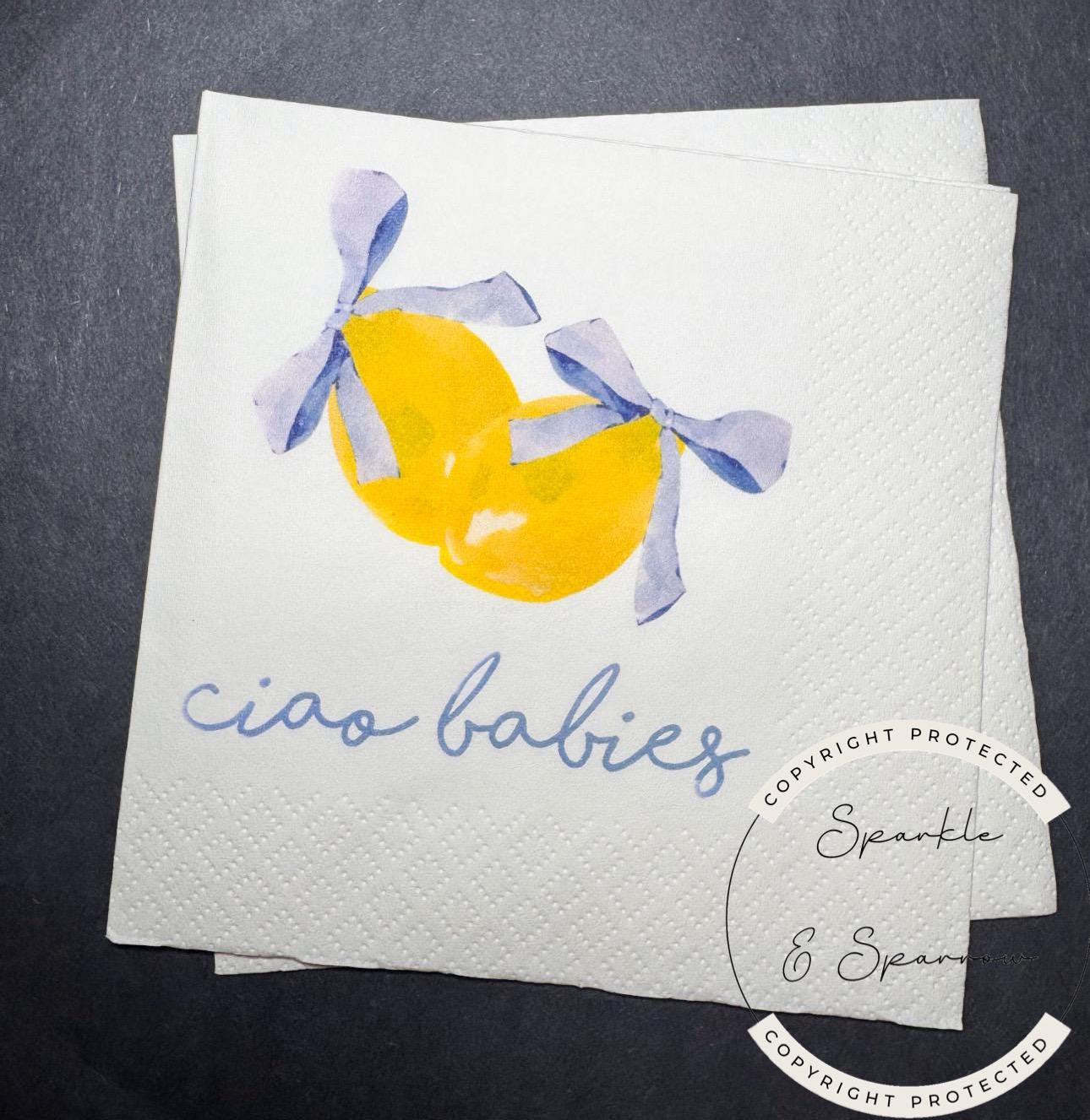 Ciao Babies Lemon Twins Oh Baby Blue Bow Italian Baby Shower Lemon Twin Babies Baby Shower Cocktail, Luncheon or Dinner Napkins Set of 25