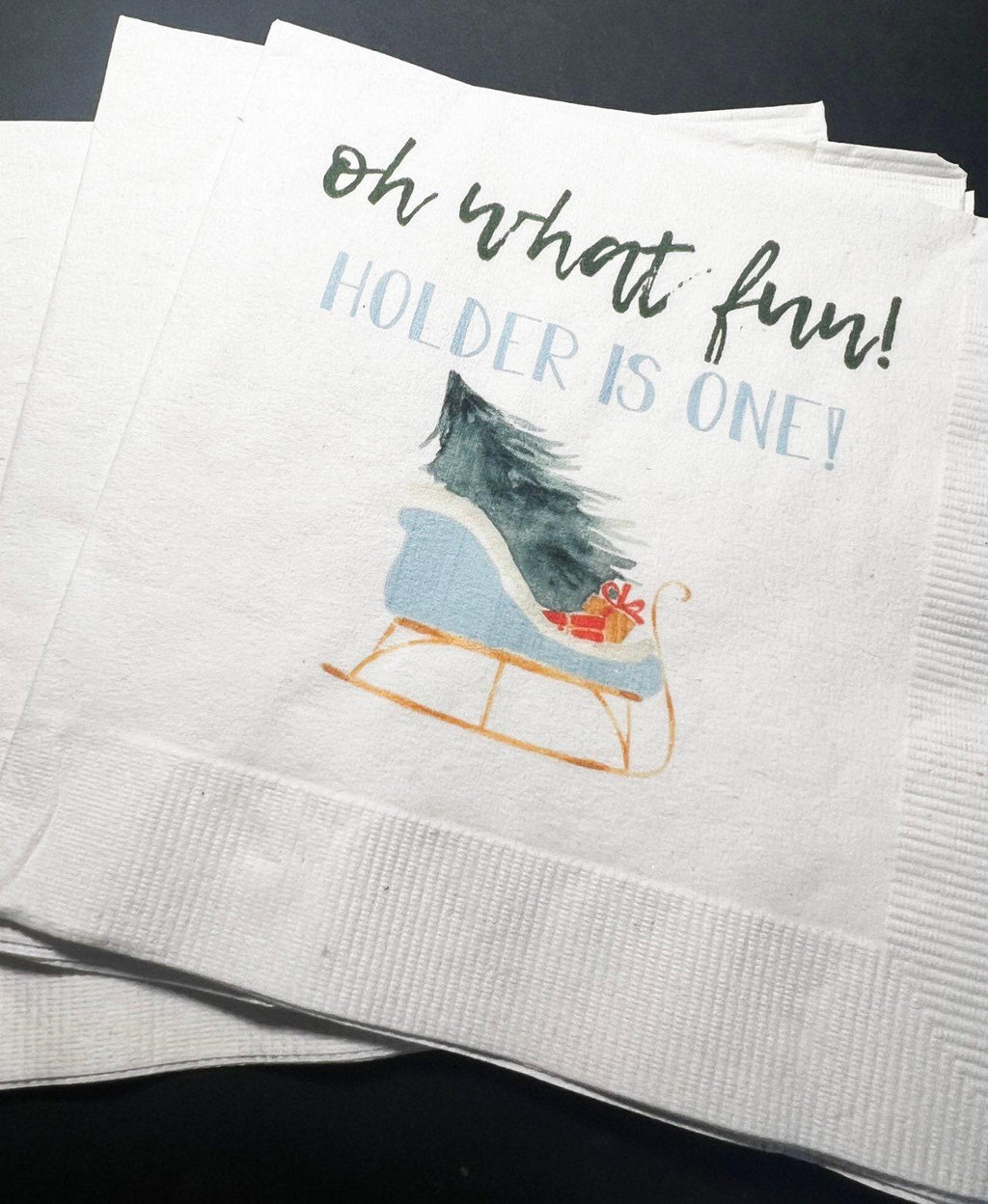 Oh What Fun First Birthday Party Boy Winter Christmas  December Personalized Cocktail, Luncheon or Dinner Napkins Set of 25