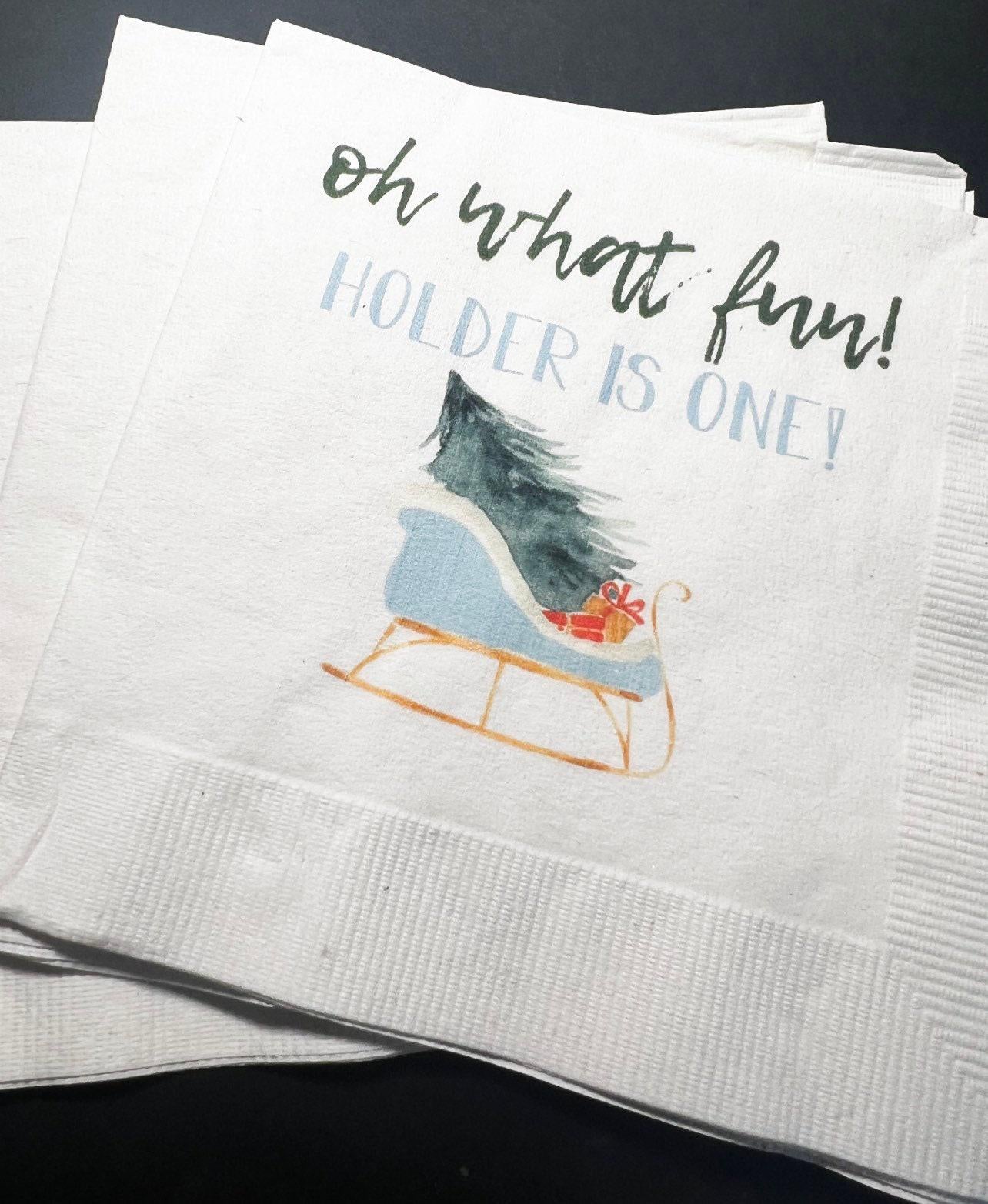 Oh What Fun First Birthday Party Boy Winter Christmas  December Personalized Cocktail, Luncheon or Dinner Napkins Set of 25