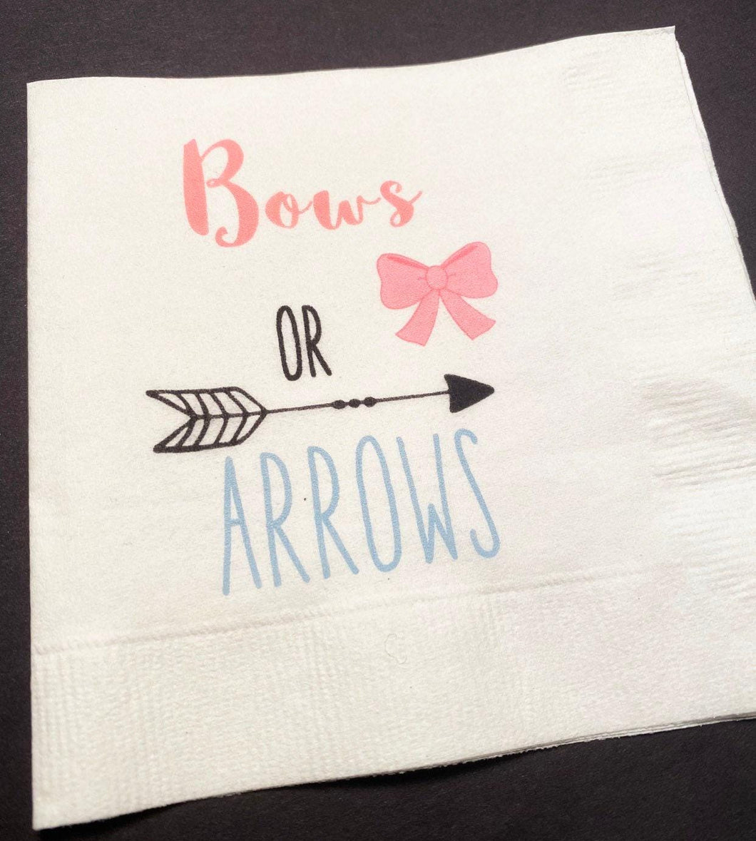 Bows or Arrows Gender Reveal Pink Blue Cocktail, Luncheon or Dinner Napkins Set of 25