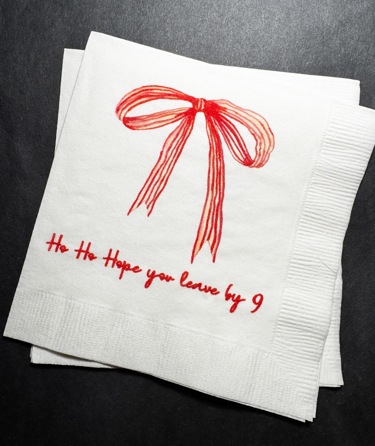 Red Bow Ho Ho Hope you Leave by 9 Tini Bit Merry Christmas Party Friendsmas Holiday Party Cocktail Luncheon or Dinner Napkins Set of 25