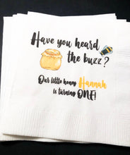 Load image into Gallery viewer, Bee Birthday Have you Heard the Buzz Our Little Honey is Turning One 1st Birthday Personalized Cocktail or Luncheon Napkins, Set of 25
