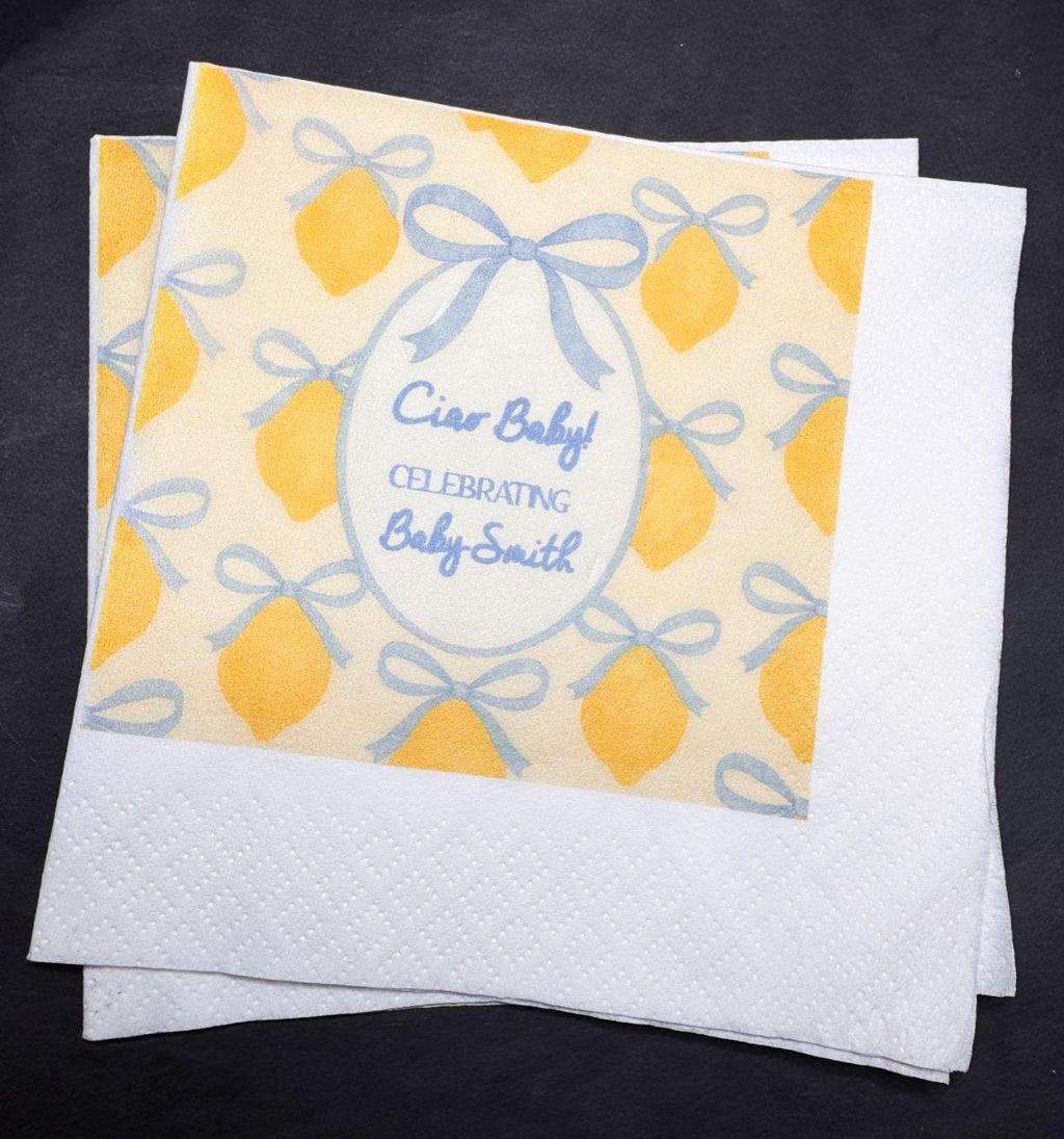 Ciao Baby Lemon Oh Baby Blue Bow Italian Baby Shower Lemon Baby Shower Personalized Cocktail, Luncheon or Dinner Napkins Set of 25