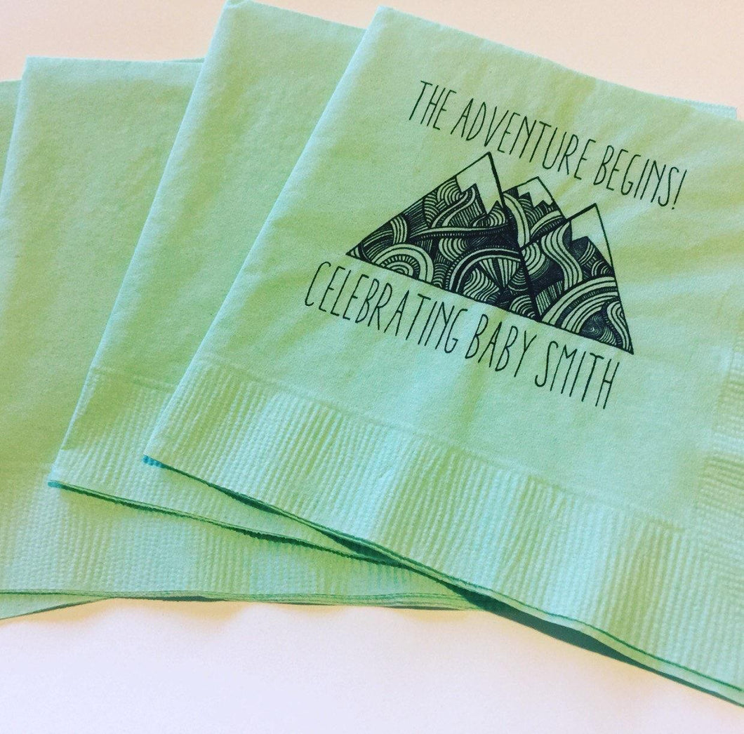 Adventure Begins Greatest Adventure Baby Shower Mountain Mint Personalized Cocktail, Luncheon or Dinner Napkins Set of 25