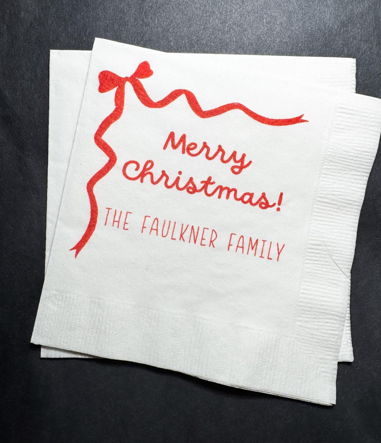 Christmas Red Bow Family Christmas Party Gathering Holiday Party Christmas Eve Personalized Cocktail, Luncheon or Dinner Napkins Set of 25