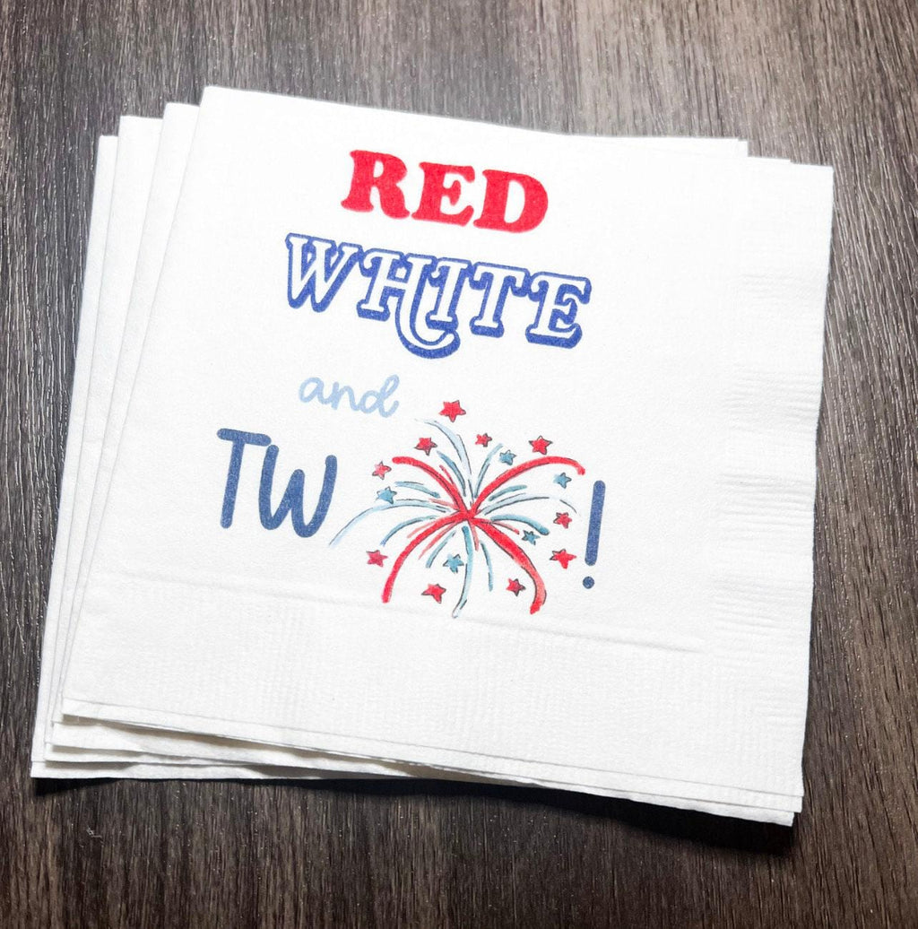 Red White and Two Firecracker Birthday July 4th Birthday Cocktail or Luncheon Napkins, Set of 25