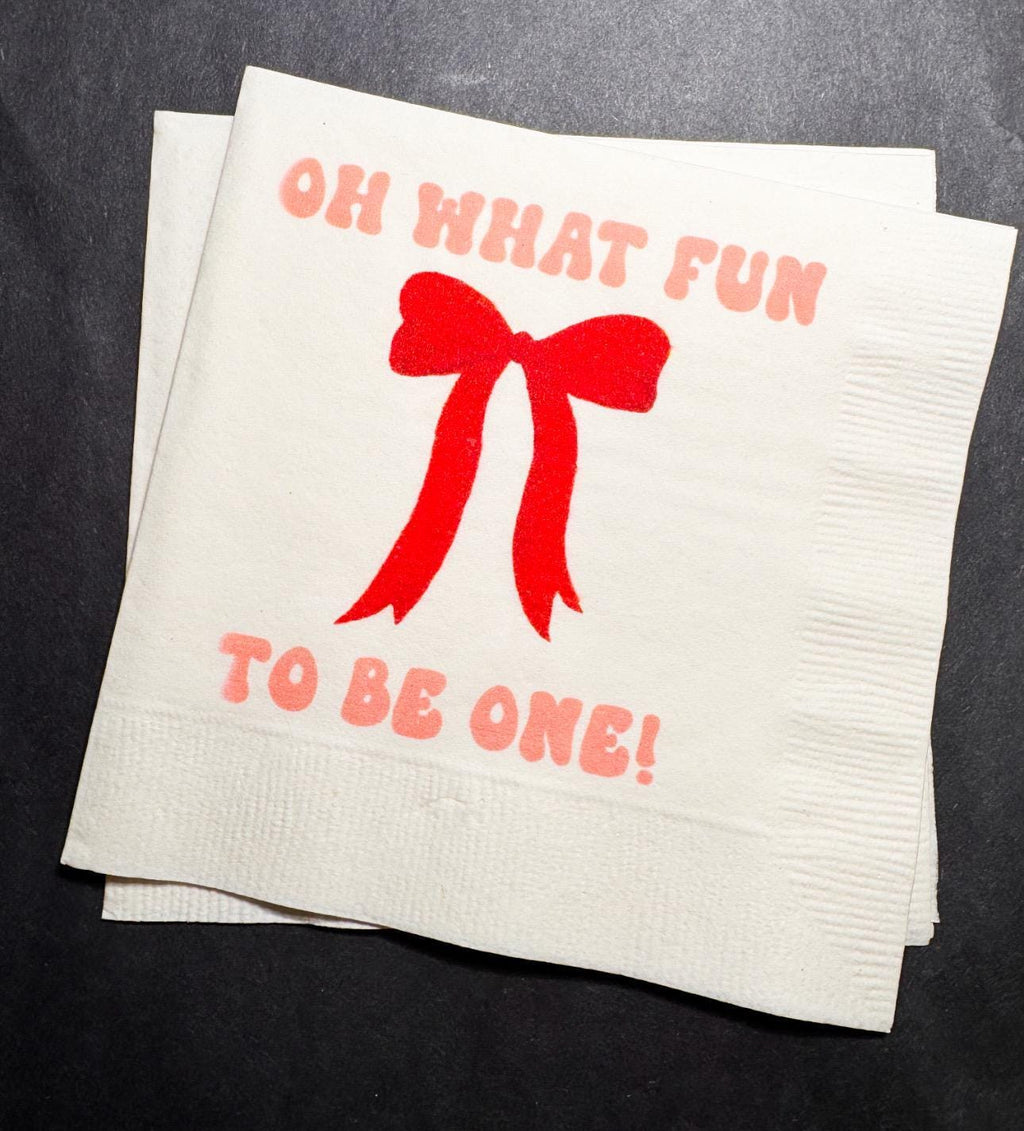 Oh What Fun Red Bow Birthday Christmas Pink Red December 1st Birthday Christmas Cocktail, Luncheon or Dinner Napkins Set of 25