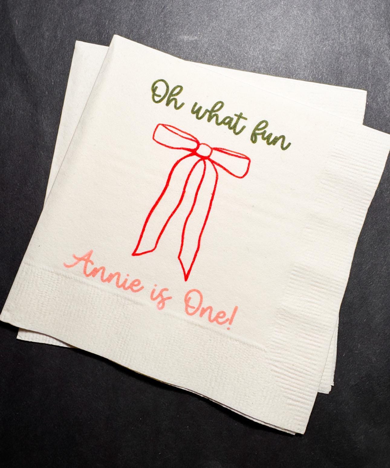 Oh What Fun Red Bow Birthday Christmas Pink Red December 1st Birthday Christmas Personalized Cocktail, Luncheon or Dinner Napkins Set of 25