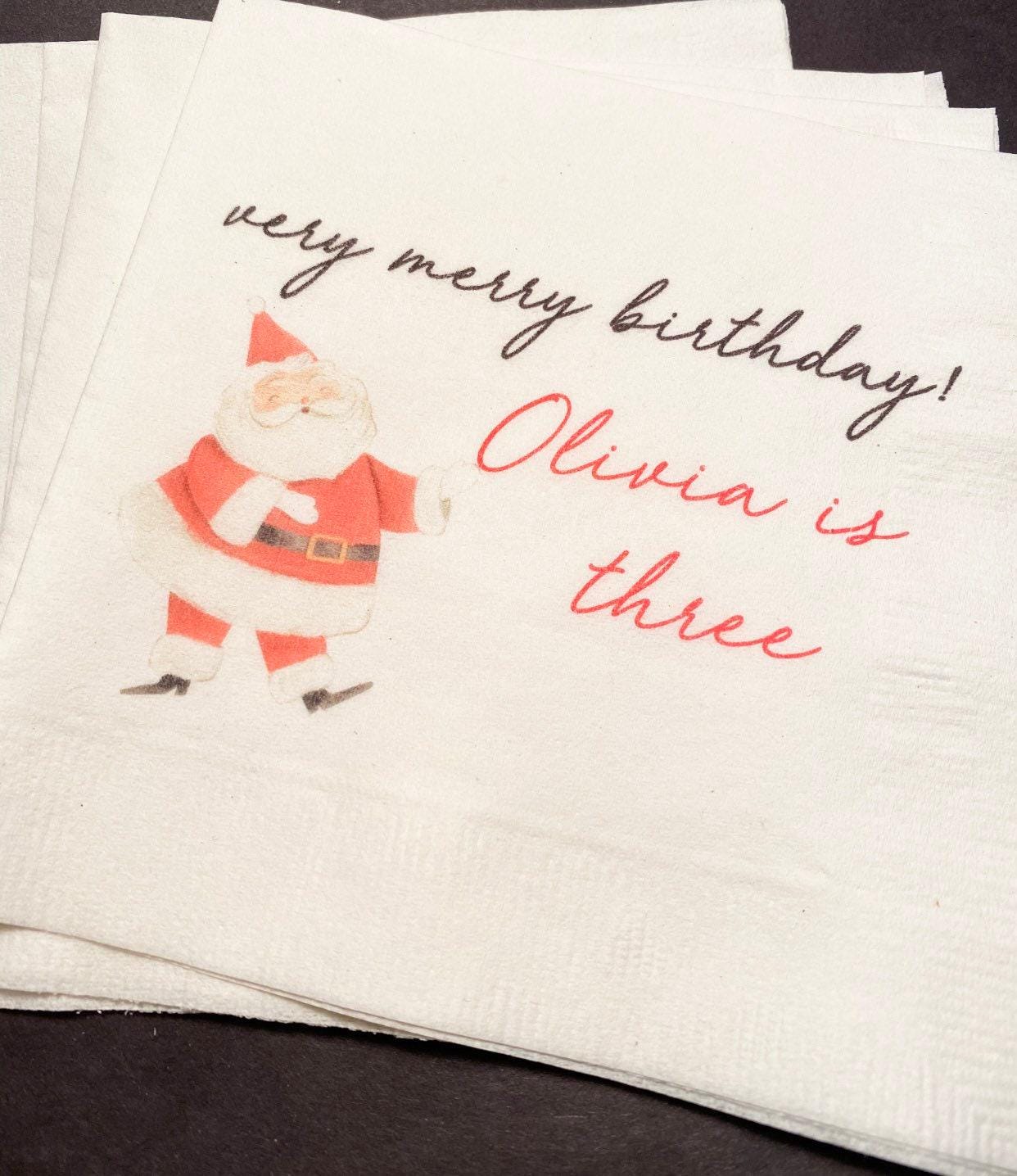 Merry Birthday December Christmas Santa Birthday Very Merry Personalized Cocktail, Luncheon or Dinner Napkins Set of 25