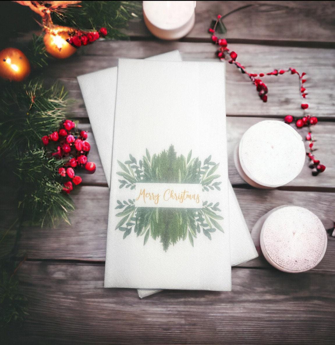 Christmas Guest Towels Linen Feel Ultra Ply White Disposable Towel Dinner Napkin Holiday Christmas Paper Hand Towels, Set of 20