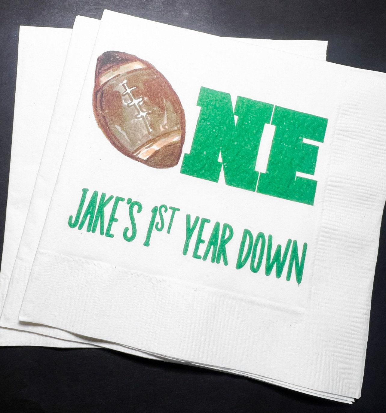 Football Birthday 1st Year Down Personalized Cocktail, Luncheon or Dinner Napkins Set of 25