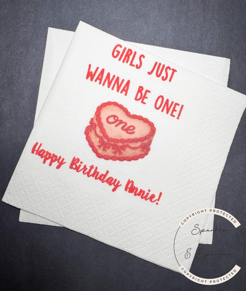 Girls Just Wanna Be One Pink Red Bow First Birthday 1st Bday Coquette Cake Pink Personalized Cocktail, Luncheon or Dinner Napkins Set of 25