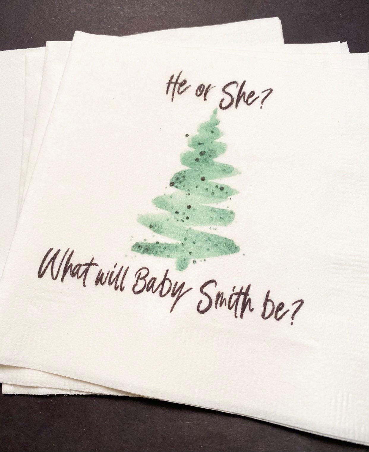 Christmas Gender Reveal He or She Winter December Baby Reveal Personalized Cocktail, Luncheon or Dinner Napkins Set of 25