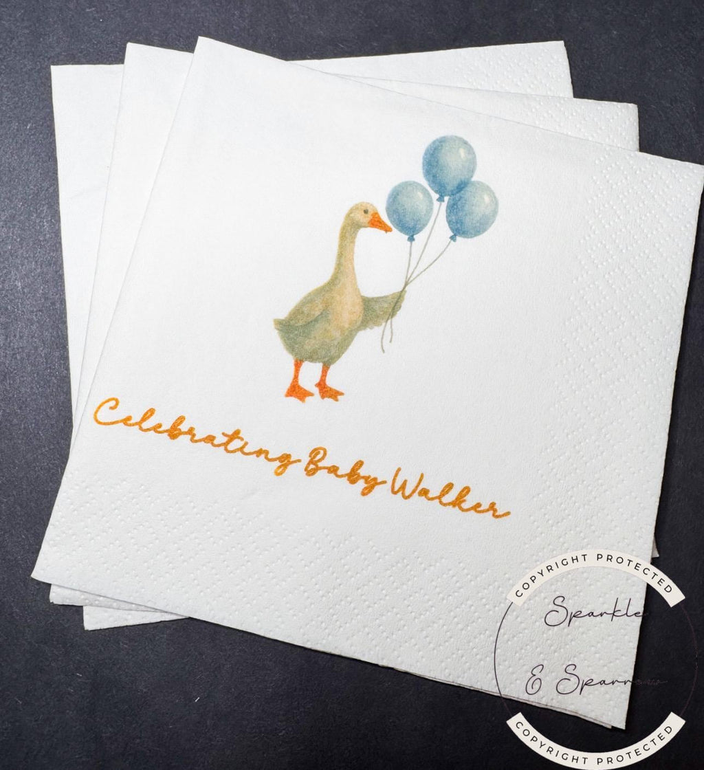 Goose Baby Shower Silly Goose is on the Way Blue Goose Baby Shower Goose Loose Personalized Cocktail, Luncheon or Dinner Napkins Set of 25