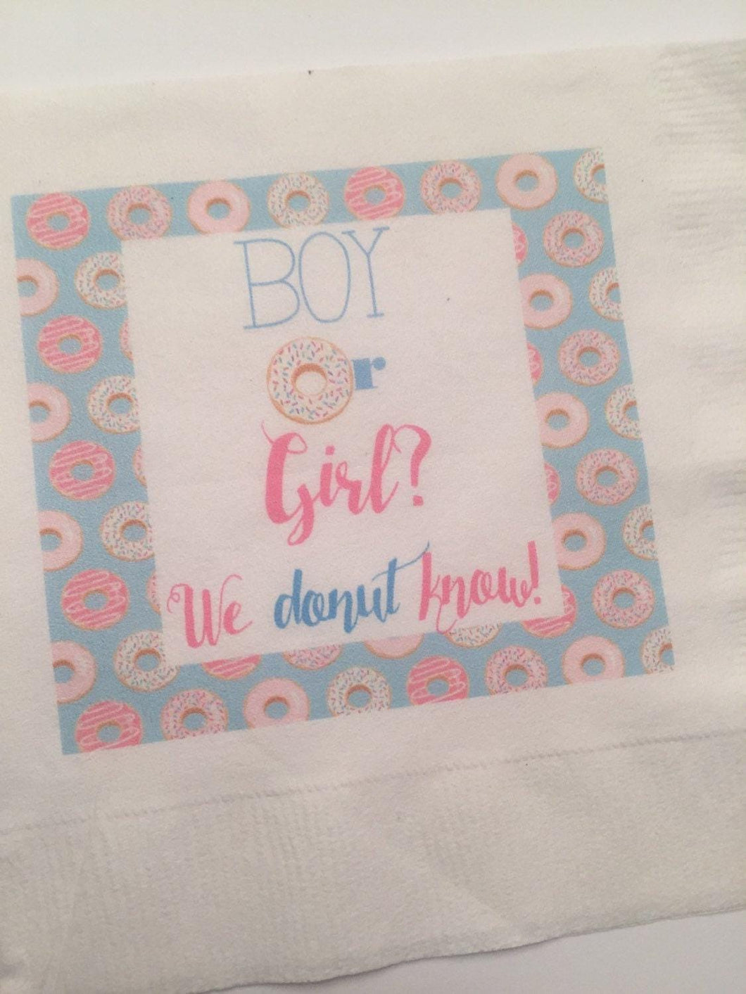 Boy or Girl We Donut Know Donut Theme Pink Blue Baby Shower Brunch Gender Reveal Cocktail, Luncheon or Dinner Napkins Set of 25