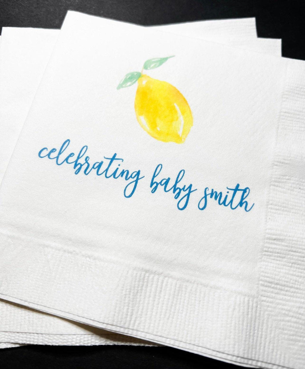 Lemon Baby Shower Spring Summer Baby  Shower Blue Yellow Personalized Cocktail, Luncheon or Dinner Napkins Set of 25