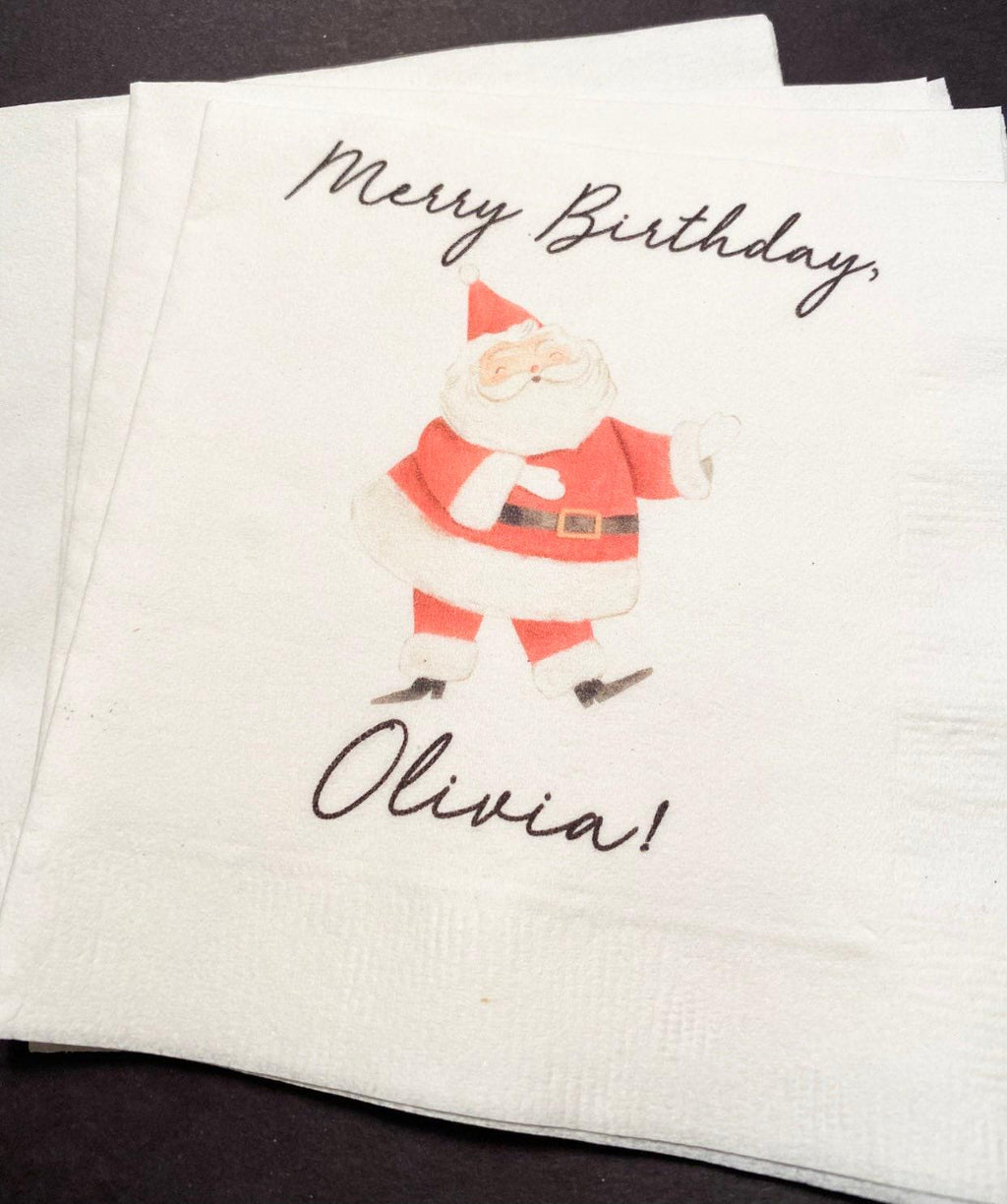 Merry Birthday December Christmas Santa Birthday Very Merry Personalized Cocktail, Luncheon or Dinner Napkins Set of 25