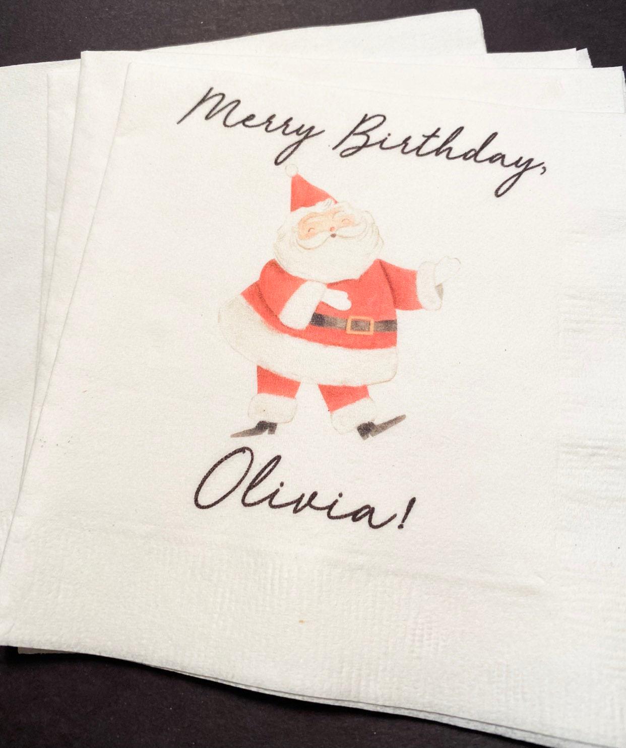 Merry Birthday December Christmas Santa Birthday Very Merry Personalized Cocktail, Luncheon or Dinner Napkins Set of 25