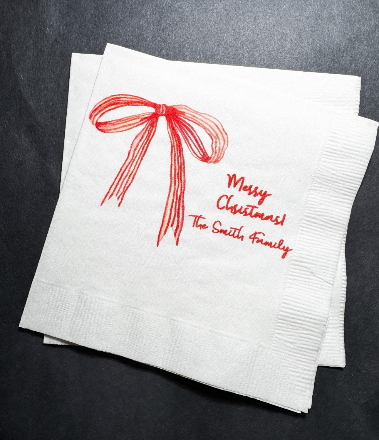 Christmas Red Bow Family Christmas Party Gathering Holiday Party Christmas Eve Personalized Cocktail, Luncheon or Dinner Napkins Set of 25