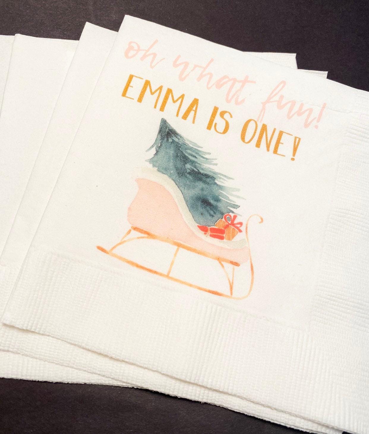 Oh What Fun First Birthday Party Winter Christmas  December Personalized Cocktail, Luncheon or Dinner Napkins Set of 25