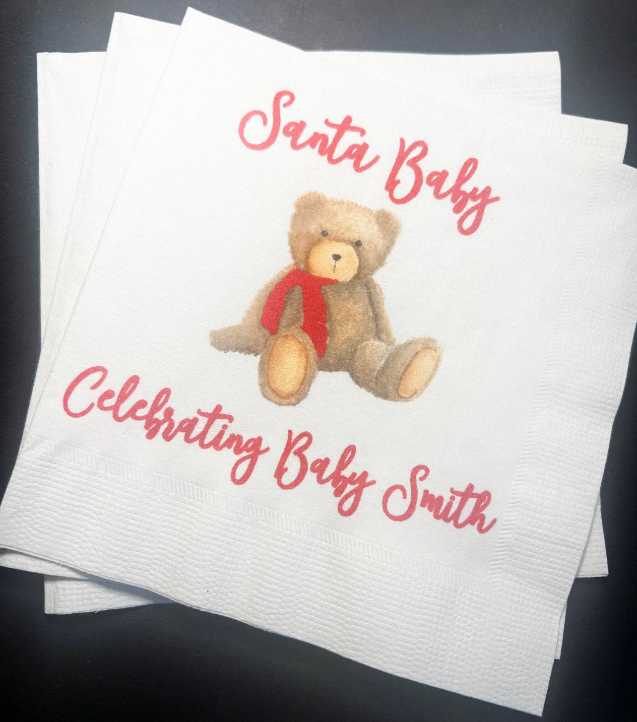 Teddy Bear Baby Shower Santa Baby Red Bow Christmas Bear Baby Shower Personalized Cocktail, Luncheon or Dinner Napkins Set of 25