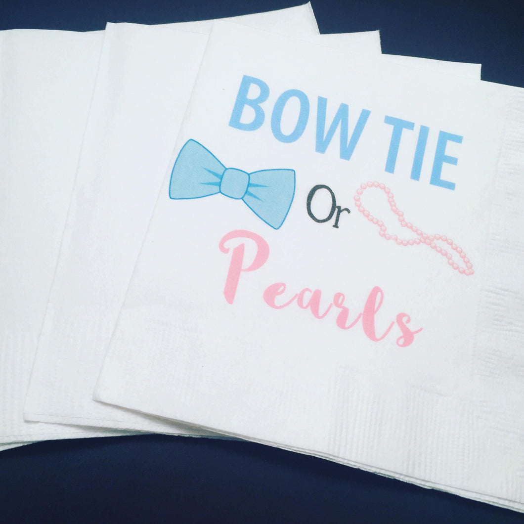 Bow Tie or Pearls Gender Reveal Baby Shower Cocktail, Luncheon or Dinner Napkins Set of 25