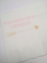 Load image into Gallery viewer, Adventure Begins Pink Gold Greatest Adventure Baby Shower Personalized Cocktail, Luncheon or Dinner Napkins Set of 25
